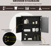 A black bathroom cabinet with its doors open, showcasing its interior storage space and adjustable shelves. The image also includes icons and text highlighting storage capacity and item categories. Podgląd zdjęcia produktu