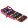 A pink pencil case filled with colored pencils, an eraser, and a sharpener, laid open on a white background. Produktbild-Vorschau