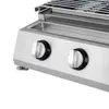 A close-up view of the control knobs and part of the grill grate of a stainless steel gas grill. Produktbild-Vorschau