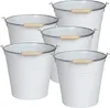 A group of five white metal buckets with wooden handles are arranged in a staggered formation against a white background. Voir les images du produit