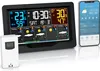A digital weather station with an outdoor sensor and a smartphone displaying weather information. Produktbild-Vorschau