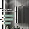 A modern bathroom vanity with a mirror and integrated LED lighting, featuring product specifications. Produktbild-Vorschau