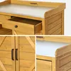Collage of close-up shots of a wooden potting bench, showing its drawer, doors, and tabletop. Anteprima dell’immagine prodotto