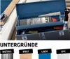 A toolbox containing a tube of Sikaflex 291i adhesive and other tools, with examples of surfaces it can be applied to. Produktbild-Vorschau