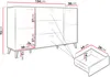 A diagram showing the dimensions of a white sideboard with gold accents, including a separate diagram of a drawer. Voir les images du produit