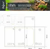 Diagram of a grow tent with dimensions and labels, along with a size chart. Voir les images du produit