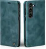 A teal flip cover phone case for a Samsung Galaxy S23 is shown from two angles, one closed and one open to reveal the phone's camera. Produktbild-Vorschau