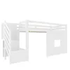 A white loft bed with stairs and a window cutout. Produktbild-Vorschau