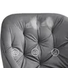 Close-up of a gray upholstered chair with icons and graphics indicating features. Voir les images du produit