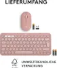 A pink Logitech Pebble 2 Combo keyboard and mouse set with batteries and a USB receiver, set against a white background. Produktbild-Vorschau