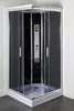 A modern shower cabin with black glass panels and a silver shower panel. Produktbild-Vorschau