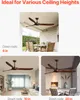 Collage showing ceiling fans installed in different settings, with text indicating down rod lengths. Voir les images du produit