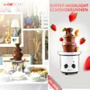 A collage featuring a chocolate fountain on a table with fruit and plates on one side, and decorative items on shelves on the other. Text overlays highlight the product. Podgląd zdjęcia produktu