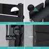 A collage of four close-up images showcasing the features of a black radiator. Produktbild-Vorschau