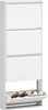 A white metal shoe cabinet with four flip-down compartments, two of which are open to reveal shoes. Produktbild-Vorschau