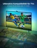 A television displaying a soccer game with ambient lighting in the background, and a collage of smaller soccer game images below. Produktbild-Vorschau