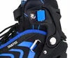 A close-up view of a black and blue roller skate, focusing on the buckle and lacing system. Voir les images du produit