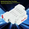 A close-up, angled view of a white multifunctional delay time relay with red and green indicator lights and red adjustment knobs, set against a dynamic blue and black background with light streaks. Voir les images du produit