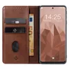 A brown leather flip phone case with card slots and a euro banknote, next to a smartphone displaying the time and date. Produktbild-Vorschau