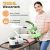 A woman is using a steam cleaner in a bathroom setting, with text overlays highlighting product features. Produktbild-Vorschau