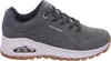 A side view of a gray Skechers sneaker with a white sole and brown outsole. Voir les images du produit