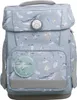 A light blue school backpack with a marine life pattern, featuring whales and sharks. It has a front pocket with a shark graphic and a circular logo on the top flap. Náhled obrázku produktu