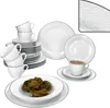 A collection of white porcelain dinnerware with a subtle textured pattern and a gray rim, including plates, bowls, and cups, with a serving of pasta on one plate. Produktbild-Vorschau