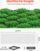 A geogrid with grass growing through it, and diagrams showing its dimensions. Produktbild-Vorschau