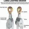 Two pulley blocks with ropes are shown against a white background, with text annotations highlighting features. Náhľad obrázku produktu