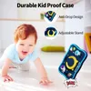 A baby is crawling on the floor next to a tablet case with space-themed graphics. The image also includes close-ups of the tablet case highlighting its features. Produktbild-Vorschau