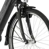A close-up view of the front wheel and suspension fork of a black electric bicycle. Produktbild-Vorschau