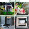 Collage of four images showing different uses of a foldable shower tray: outdoor shower, pet/child bath, indoor shower, and RV shower. Produktbild-Vorschau