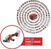 A circular diagram of Einhell Power X-Change tools surrounds a central battery and charger. A separate inset shows a close-up of an Einhell angle grinder. Produktbild-Vorschau