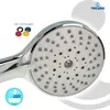 Close-up of a chrome and white hand shower head with colorful gaskets shown in the upper left corner. Produktbild-Vorschau