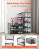 A display of stackable shoe storage boxes filled with various shoes, with additional close-up shots highlighting features. Podgląd zdjęcia produktu