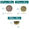 Diagrams showing the dimensions of plates and a bowl, with decorative patterns. Náhled obrázku produktu