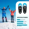 Two people in snow gear on a snowy mountain, with a product shot of snowshoes and specifications on the right. Produktbild-Vorschau