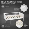 A white children's bed with wooden slats, presented with descriptive text and close-up insets highlighting features. Produktbild-Vorschau