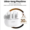 A pair of white wireless earbuds and their charging case are displayed against a white background, with text highlighting battery life. Anteprima dell’immagine prodotto