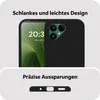A close-up of a black phone case with a phone inside, showing the camera module and screen. Below is a detail of the case's cutouts. Produktbild-Vorschau