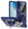 A transparent phone case with a blue frame and a built-in ring holder is displayed from multiple angles against a white background. Produktbild-Vorschau