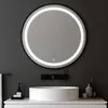 A modern bathroom vanity with a round LED mirror, a vessel sink, and various accessories. Produktbild-Vorschau