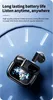 A pair of black wireless earbuds in their charging case, displayed against a blue background with abstract light elements. Produktbild-Vorschau