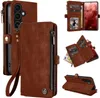 A collage of images showing a brown leather wallet-style phone case for a Samsung Galaxy A56 5G, with various views and details. Produktbild-Vorschau
