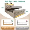 A beige upholstered bed frame with LED lighting, shown with the mattress lift mechanism open, and diagrams illustrating mattress thickness compatibility. Náhled obrázku produktu