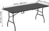 A black folding table with dimensions indicated. Produktbild-Vorschau