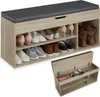 A shoe bench with storage and a cushioned top, shown with shoes on the shelves and the storage compartment open. Náhled obrázku produktu