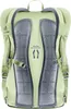 The back of a light green backpack with gray mesh padding and straps. Voir les images du produit