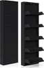 A black metal shoe cabinet shown from two angles: a closed view on the left and an open view on the right, revealing multiple shelves. Produktbild-Vorschau