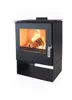 A modern black wood-burning stove with a glass door showing a fire inside, set against a white background. Anteprima dell’immagine prodotto